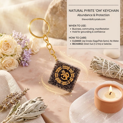 Instructional guide detailing how to use the Pyrite OM keychain on house keys, office bags, or car keys to manifest financial growth and protection.
