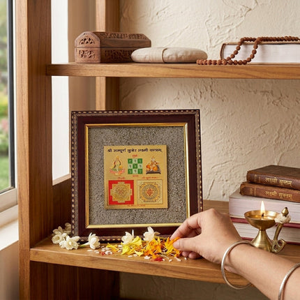 Sacred Kuber and Laxmi Yantra artwork with genuine pyrite dust used as a Vastu remedy for financial growth.
