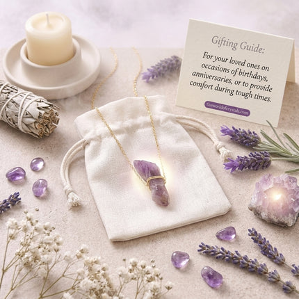 The Amethyst pendant placed on a white drawstring pouch with a gifting guide note, highlighting it as a perfect gift for birthdays, anniversaries, or to provide comfort during tough times.