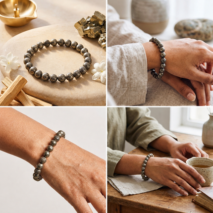 A collage featuring the Raw Pyrite bracelet worn on a wrist, styled with a professional suit and a watch to showcase it as a high-end business success accessory