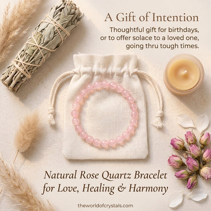 Rose Quartz healing bracelet displayed on a white cotton pouch, perfect as a thoughtful gift for birthdays or offering solace during tough times