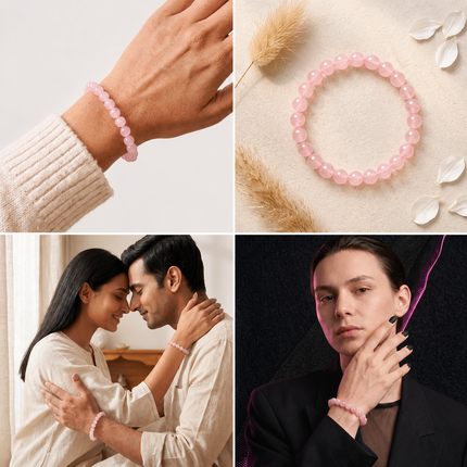 A collage featuring the Rose Quartz bracelet on a woman's wrist, styled for couples to show love and harmony, and a professional fashion shot to demonstrate universal appeal