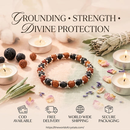 Rudraksha and Lava Stone bracelet displayed with brand service icons for Cash on Delivery, Free Delivery, and Worldwide Shipping