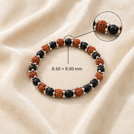 Measurement view of the Rudraksha and Lava Stone bracelet showing bead dimensions of 8.50x8.00 mm with silver-toned spacers