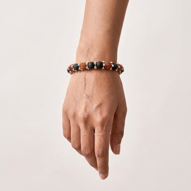 Rudraksha lava stone bracelet used for spiritual protection, healing energy, and emotional balance