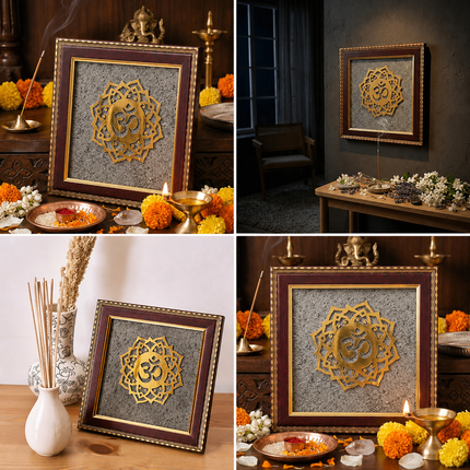 A collage showing the OM Pyrite frame placed in a home temple, on a bookshelf, and an office desk to demonstrate its versatility for Vastu and decor.
