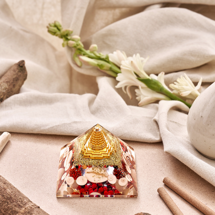 Closeup of Shree Yantra and Gomti Chakra pyramid showing detailed craftsmanship for energy healing and prosperity