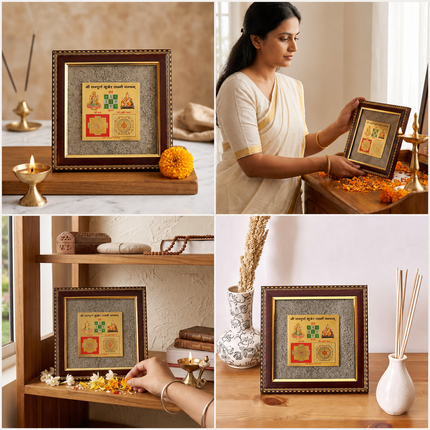 A collage showing a woman placing the Kuber Laxmi Yantra Pyrite frame in a home temple and on a wooden shelf, demonstrating its use in spiritual rituals
