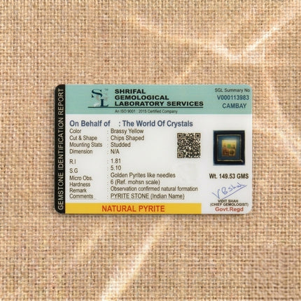 Shrifal Gemological Laboratory report for a Sampurna Kuber Laxmi Yantra frame featuring natural Pyrite from The World Of Crystals, confirming a weight of 149.53 GMS.