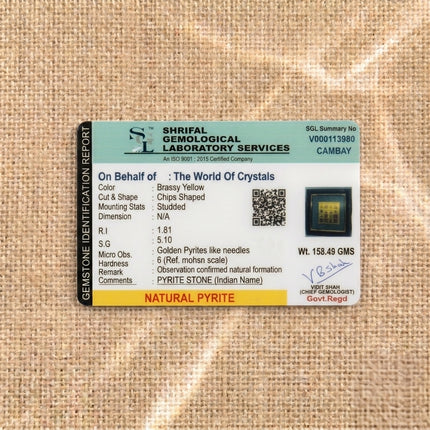 Shrifal Gemological Laboratory report for a Sampurna Vyapaar Vruddhi Yantra frame featuring natural Pyrite from The World Of Crystals, confirming a weight of 158.49 GMS.