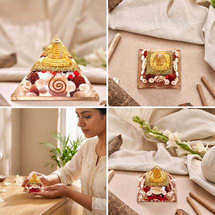 A collage showcasing the Sacred Shree Yantra and Gomti Chakra Orgone Pyramid from multiple angles, including a top-down view and lifestyle setting with a woman holding the crystal