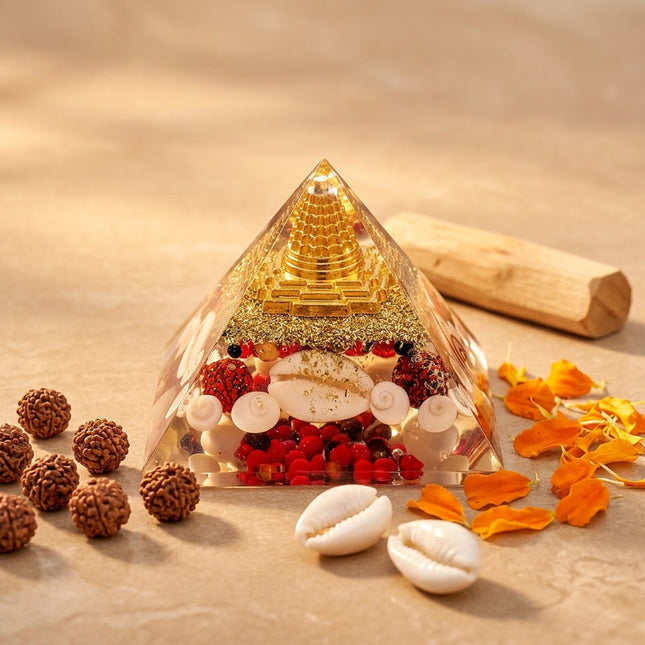 Shree Yantra orgone pyramid with Gomti Chakra used for Vastu correction and balancing energy for financial stability