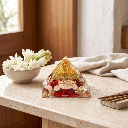 Gomti Chakra and Shree Yantra pyramid serving as a spiritual healing tool for abundance, prosperity, and harmony