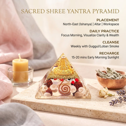 Instructional guide for the Sacred Shree Yantra Pyramid detailing North-East Ishanya placement, weekly cleansing with Guggul smoke, and daily visualization practices