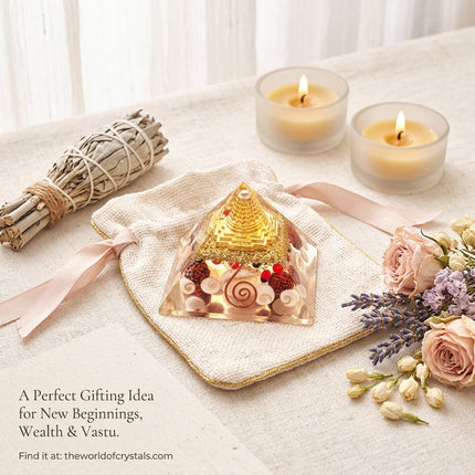 Sacred Shree Yantra Orgone Pyramid placed on a white drawstring gift bag next to lavender and candles, perfect for gifting new beginnings and prosperity