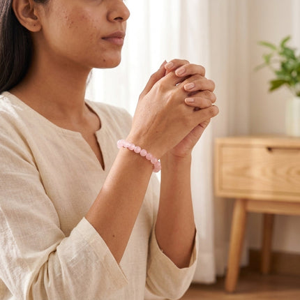 The natural rose quartz bracelet presented in its protective packaging ready for gifting.