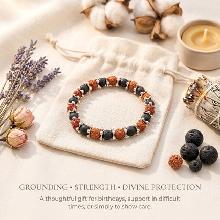 Rudraksha and Lava Stone bracelet presented on a white cotton pouch, highlighted as a thoughtful gift for birthdays and emotional support