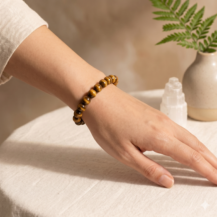 A polished brown tiger eye beaded bracelet that makes an ideal spiritual gift for strength and mental clarity.