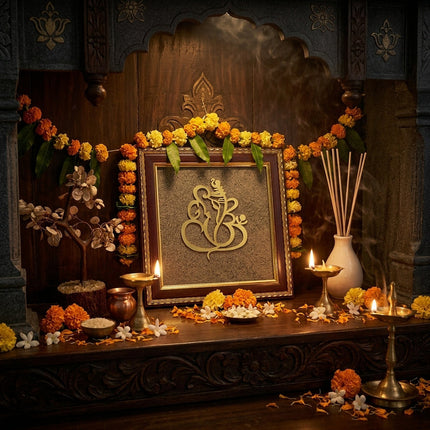 Lord Ganesha pyrite dust frame displayed in a meditation room to clear obstacles and invite positive energy.