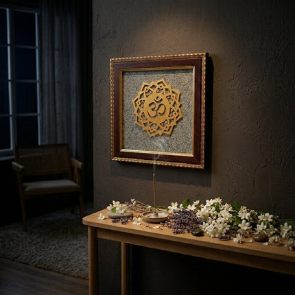 Close-up of the textured pyrite dust OM icon, ideal for a meditation room altar or as a Vastu luck charm.