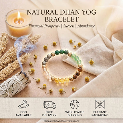 Product service overview for the Dhan Yog bracelet featuring icons for Cash on Delivery, Free Nationwide Shipping, and Secure Packaging.