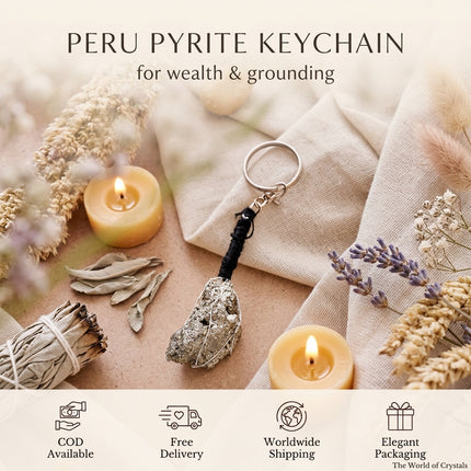 Service overview for the Peru Pyrite keychain featuring icons for Cash on Delivery, Free Nationwide Shipping, and Secure Packaging.