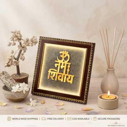 Om Namah Shivay spiritual frame displayed with brand icons for Free Nationwide Delivery, Cash on Delivery, Worldwide Shipping, and Secure Packaging.