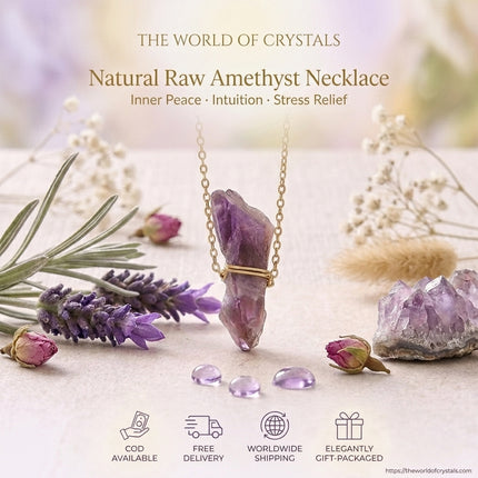 Product overview of the Natural Raw Amethyst necklace from The World of Crystals with icons for Cash on Delivery (COD), Free Delivery, Worldwide Shipping, and Elegant Gift Packaging.