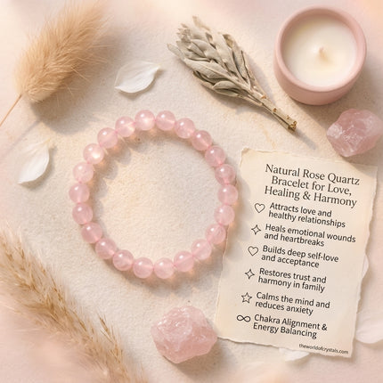 Infographic listing the benefits of the Rose Quartz bracelet, including attracting healthy relationships, healing heartbreaks, and building deep self-love