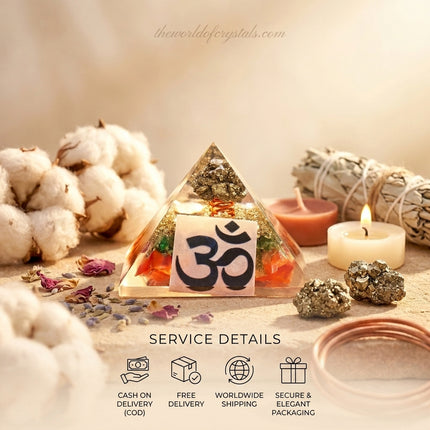 Brand service details for the Sacred Shree Yantra Orgone Pyramid featuring Cash on Delivery, Free Nationwide Delivery, and Premium Packaging.