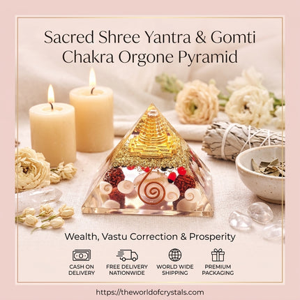 Brand service details for the Sacred Shree Yantra Orgone Pyramid featuring Cash on Delivery, Free Nationwide Delivery, and Premium Packaging