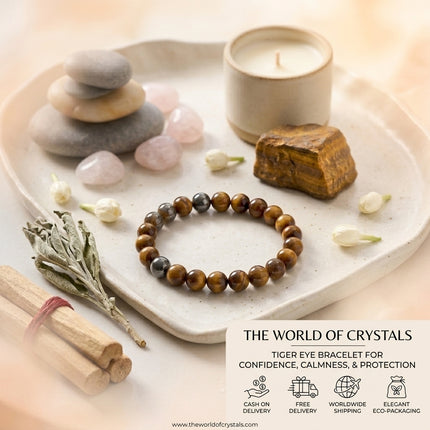 Brand overview for the Tiger Eye bracelet featuring icons for Cash on Delivery, Free Delivery, Worldwide Shipping, and Elegant Eco-Packaging