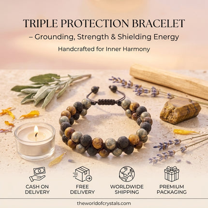 Service overview for the Triple Protection Bracelet from The World of Crystals with icons for Cash on Delivery, Free Nationwide Delivery, and Worldwide Shipping