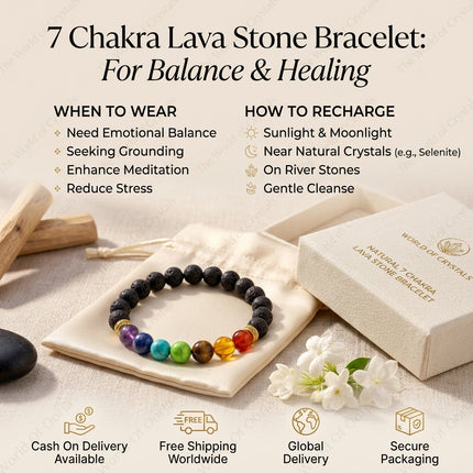 Guide on when to wear the 7 Chakra bracelet for meditation and how to recharge it using sunlight, moonlight, or crystals.