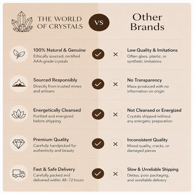 Comparison chart showing The World of Crystals' 100% natural, ethically sourced AAA-grade crystals versus low-quality imitations