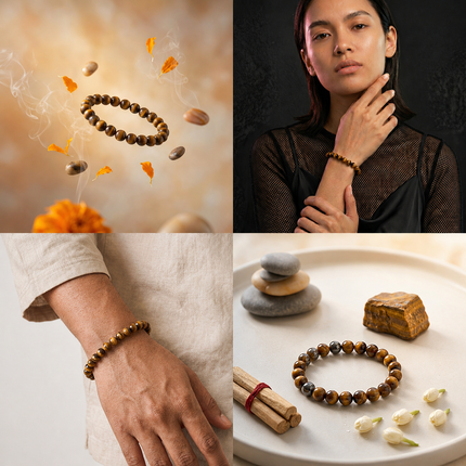 A collage featuring the Tiger Eye bracelet worn on both male and female wrists, styled with a black mesh top and a linen shirt to showcase versatility