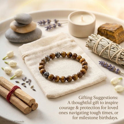 Tiger Eye protection bracelet displayed on a linen gift pouch, perfect for milestone birthdays or inspiring courage during tough times