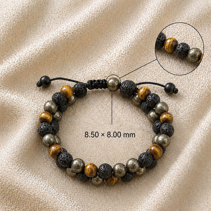 Close-up technical view of the Triple Protection Bracelet beads showing a diameter of 8.50 mm by 8.00 mm with premium elastic threading