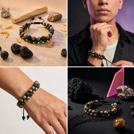 A lifestyle collage featuring the Triple Protection Bracelet worn on a wrist, showcasing the high-luster hematite and chatoyant tiger's eye beads for men and women