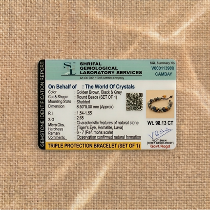 Shrifal Gemological Laboratory report for the Triple Protection Bracelet by The World Of Crystals, verifying natural Tiger's Eye, Hematite, and Lava beads with a weight of 98.13 CT